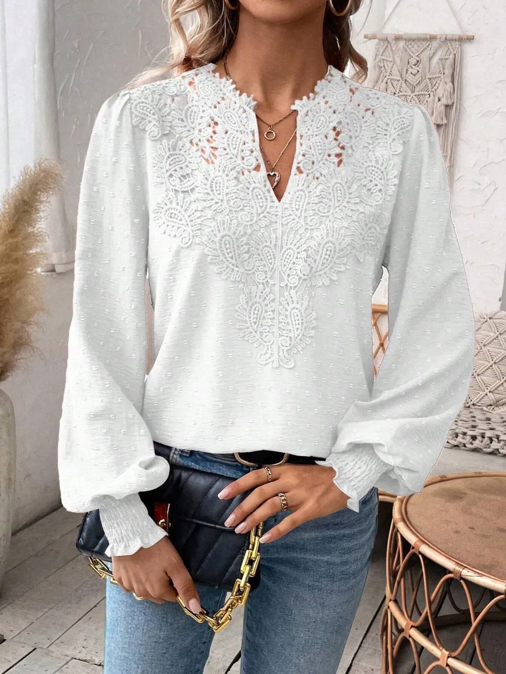 Swiss Dot Lace Detail Notched Long Sleeve Blouse, image 32