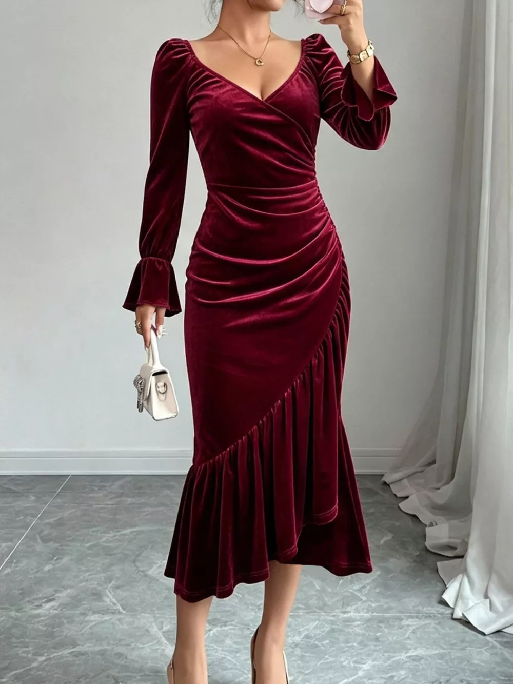 Velvet Ruched Ruffle Hem Midi Dress, image 3