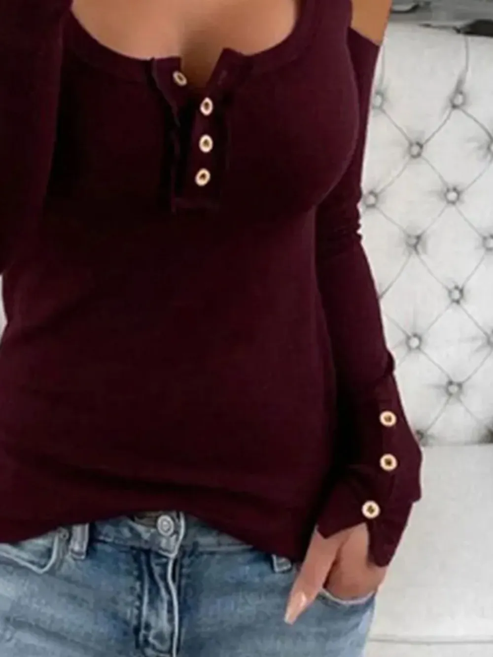 Cold Shoulder Ribbed Henley T-Shirt with Button Detail, image 14