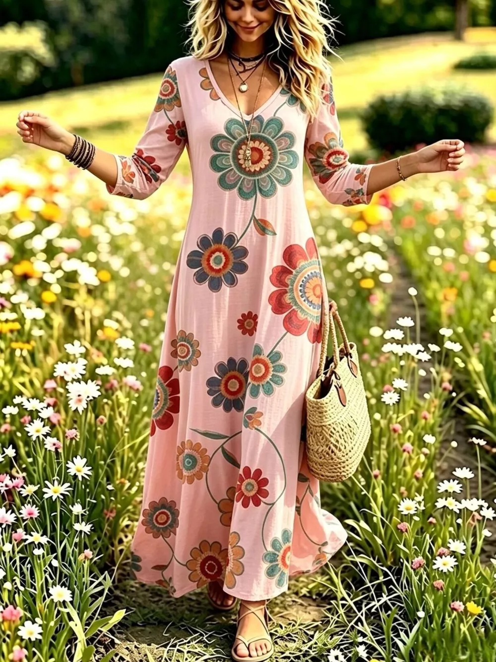Floral Print V-Neck Long Sleeve Maxi Dress, image 9