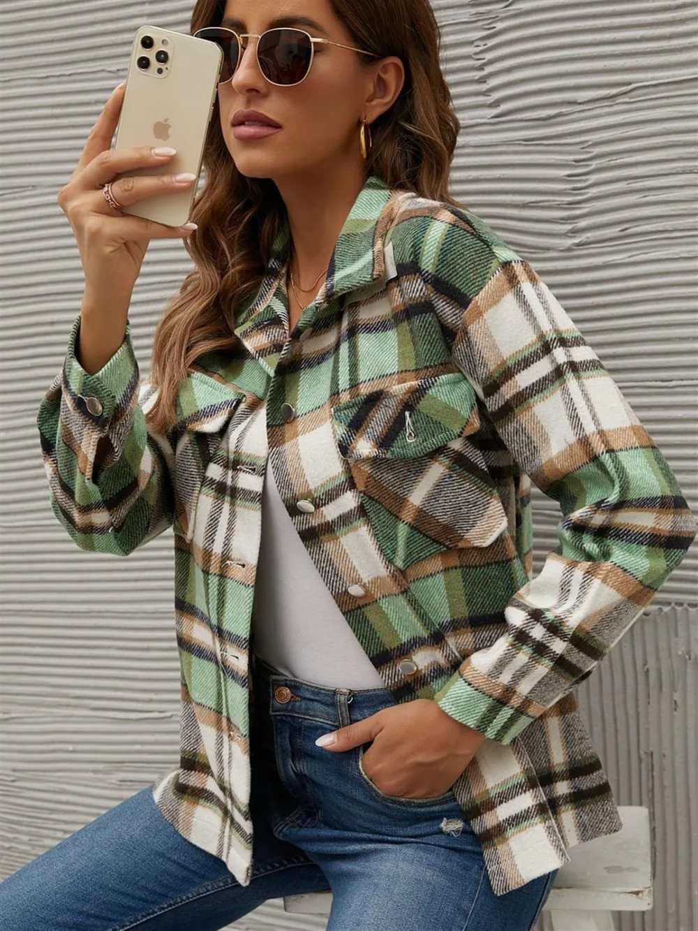Plaid Collared Neck Long Sleeve Jacket, image 4