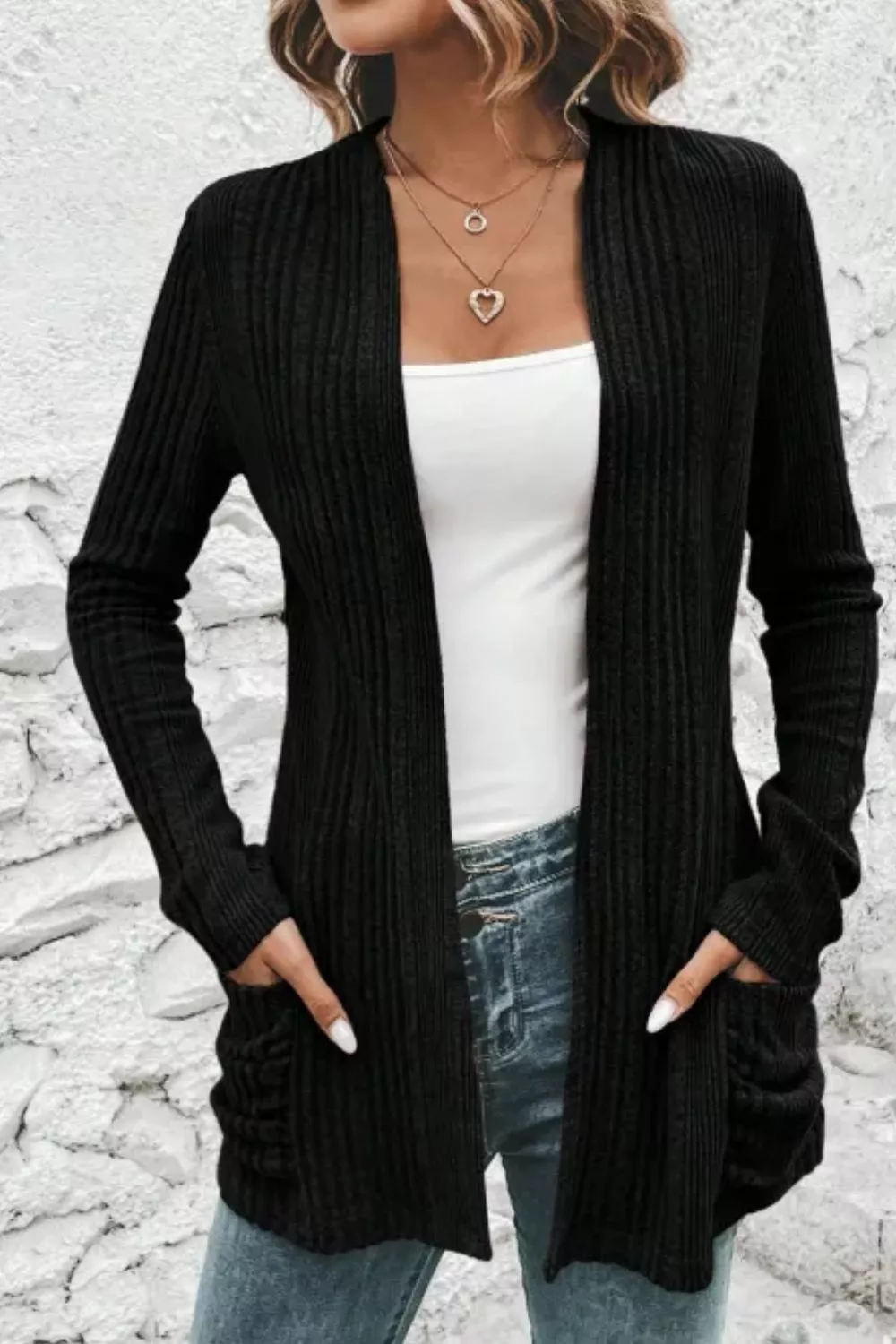 Ribbed Knit Open Front Cardigan with Pockets, image 11
