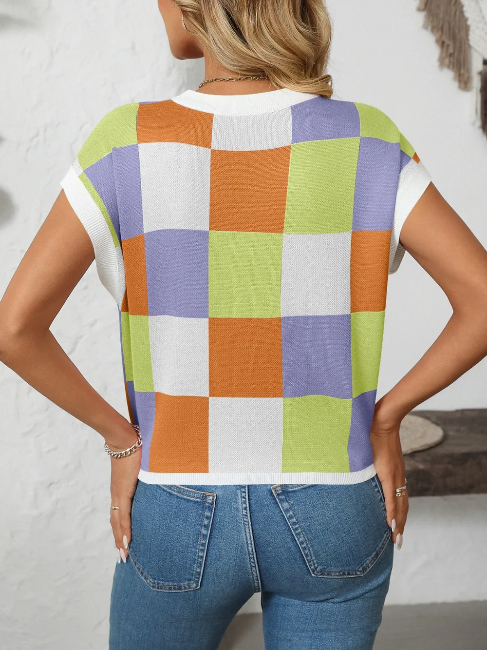 Checkered Round Neck Cap Sleeve Knit Top, image 31