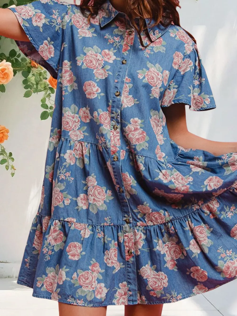 Floral Print Denim Button-Down Tiered Mini Dress, image 3