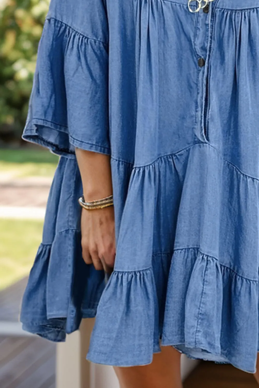Notched Flare Sleeve Denim Dress, image 3