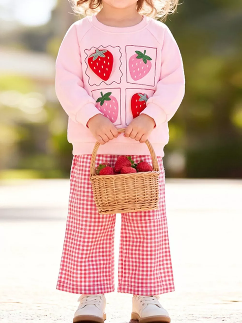 Children's Strawberry Graphic Sweatshirt and Gingham Pants Set, image 2