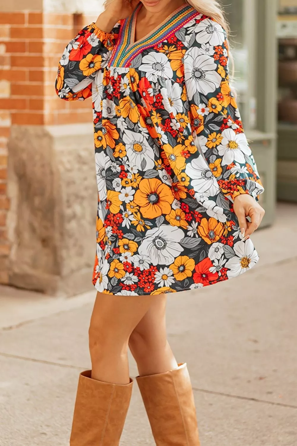 Boho Floral Print V-Neck Mini Dress with Pockets, image 2