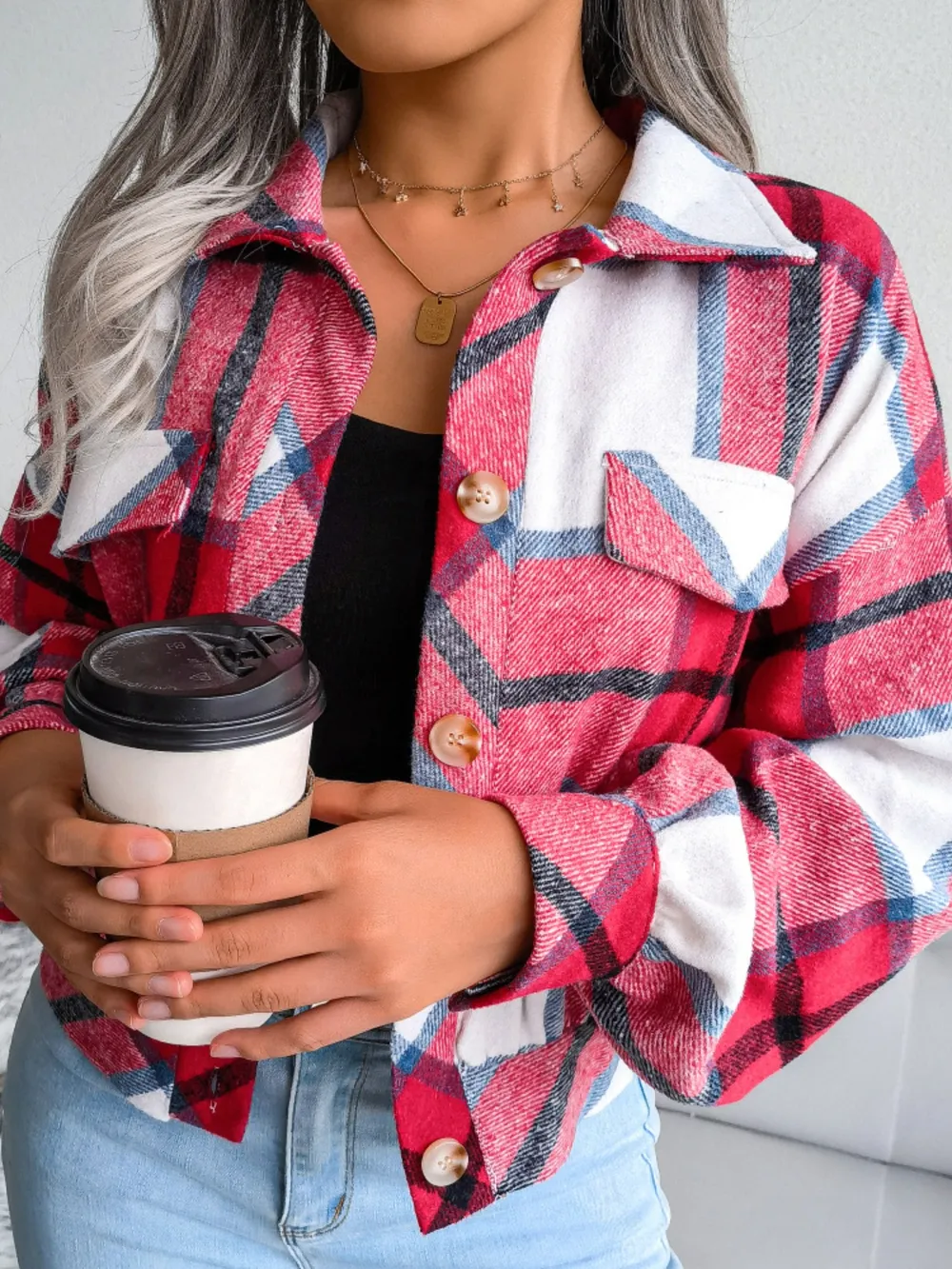 Plaid Collared Neck Long Sleeve Jacket, image 20