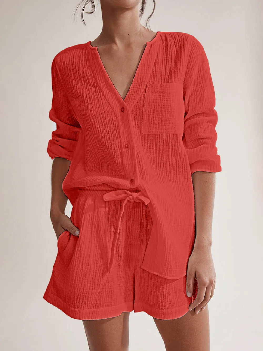 Notched Long Sleeve Top and Shorts Set, image 19