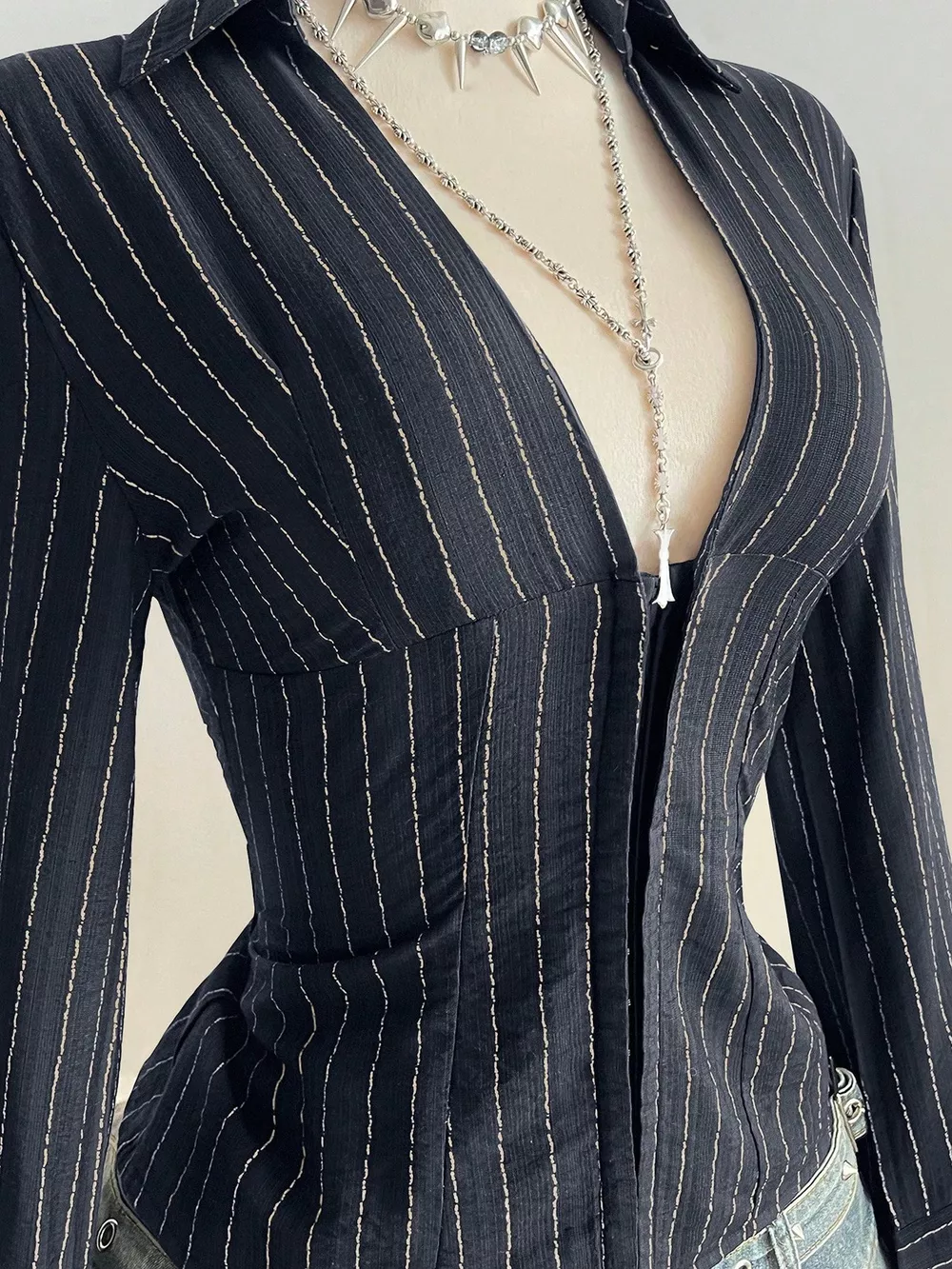 Striped Long Sleeve Fitted Blouse, image 3