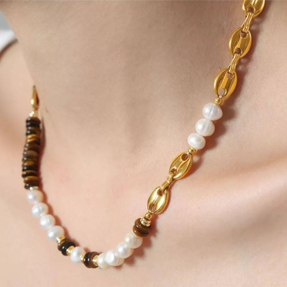 Tiger's Eye Freshwater Pearl 18K Gold-Plated Bead Necklace, image 4