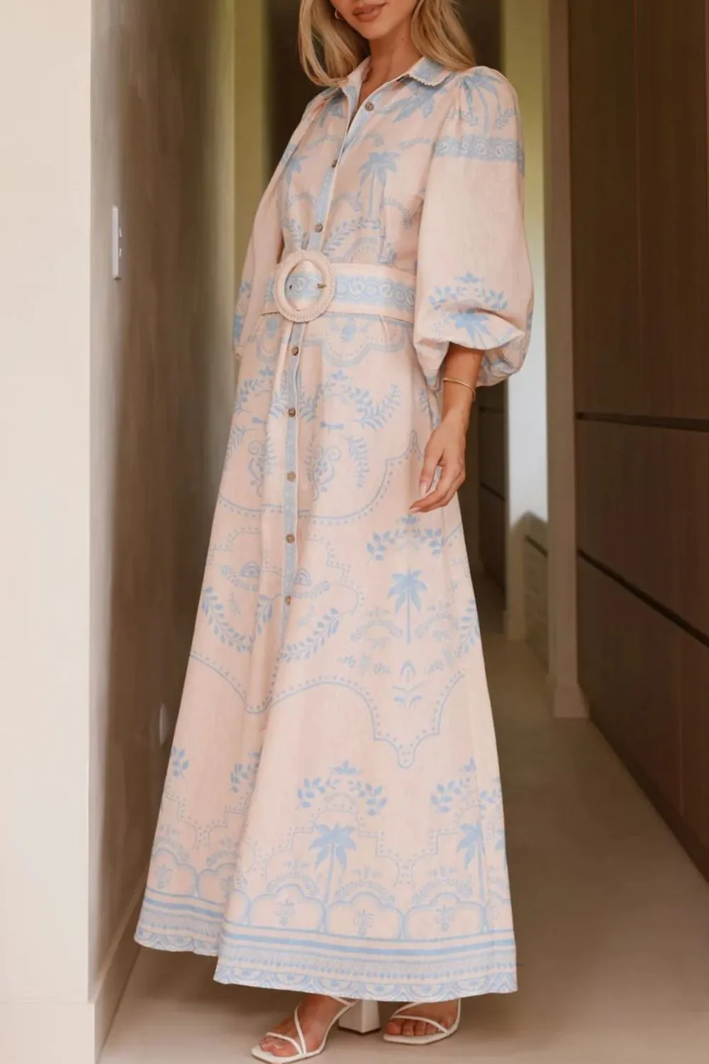 Printed Balloon Sleeve Maxi Shirt Dress, image 12