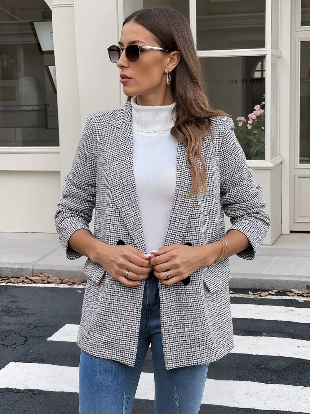 Houndstooth Patterned Double-Breasted Blazer, image 5