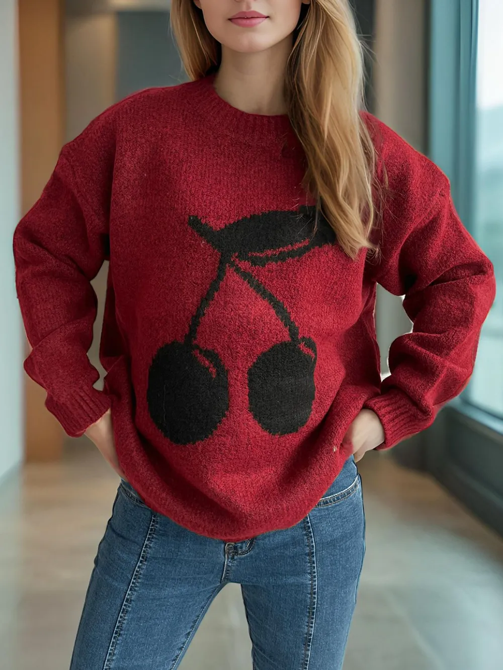 Cherry Round Neck Long Sleeve Sweater, image 10