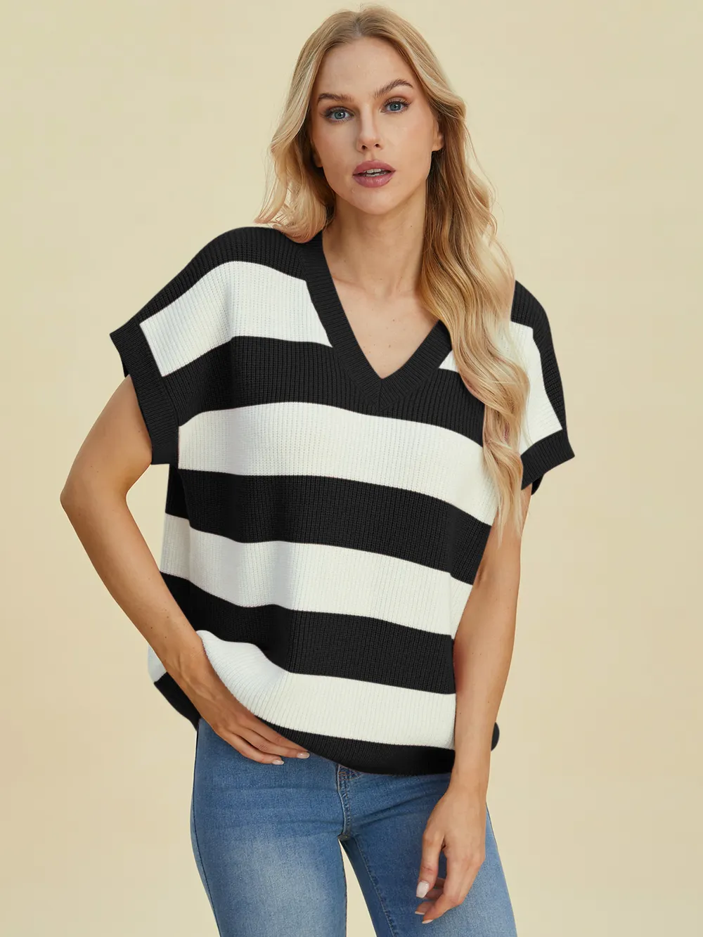 Full Size Striped V-Neck Short Sleeve Sweater, image 24