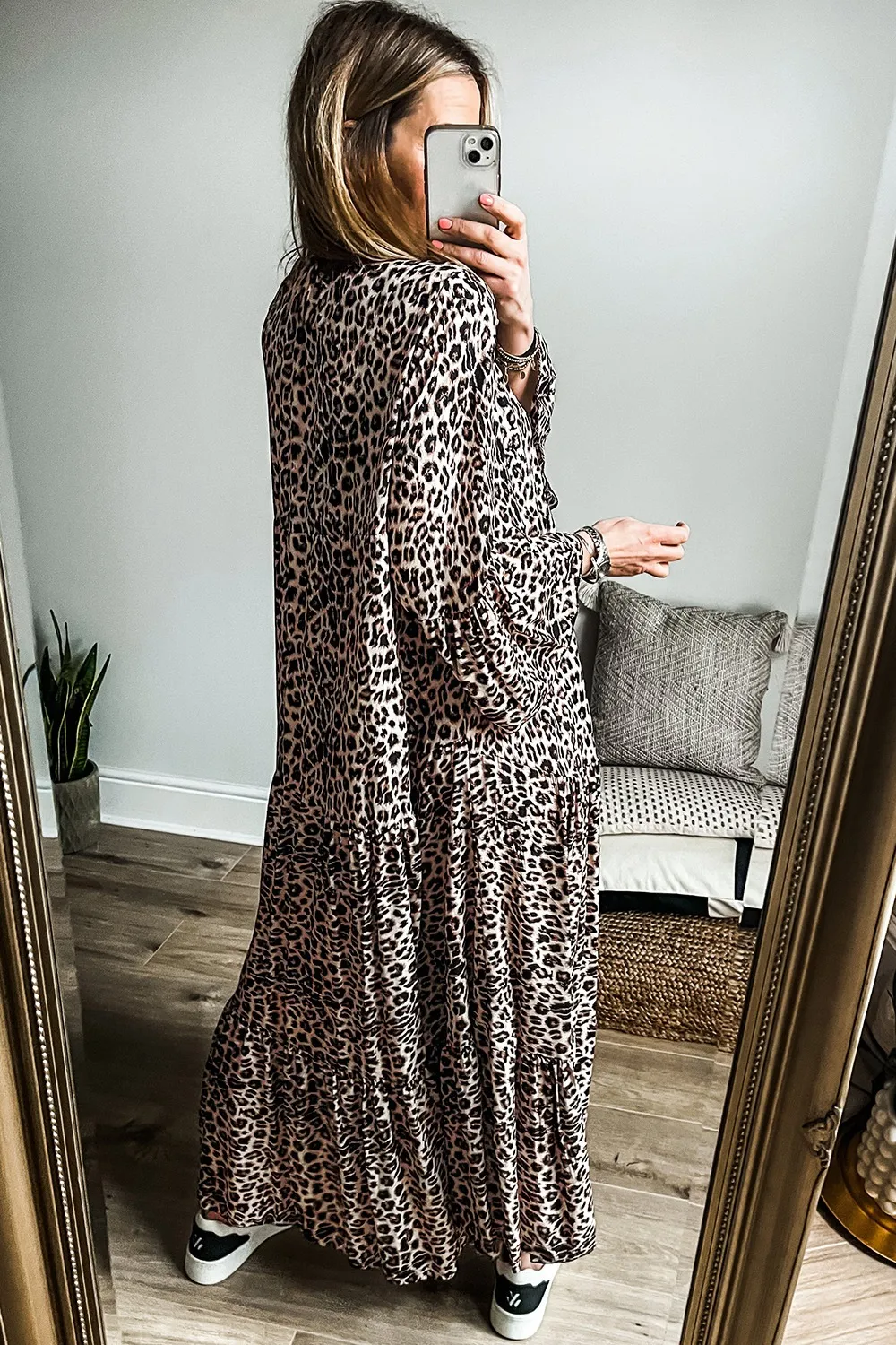 Leopard Notched Long Sleeve Maxi Dress, image 9