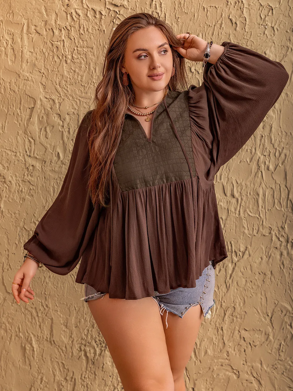 Plus Size Tie Neck Balloon Sleeve Blouse, image 4