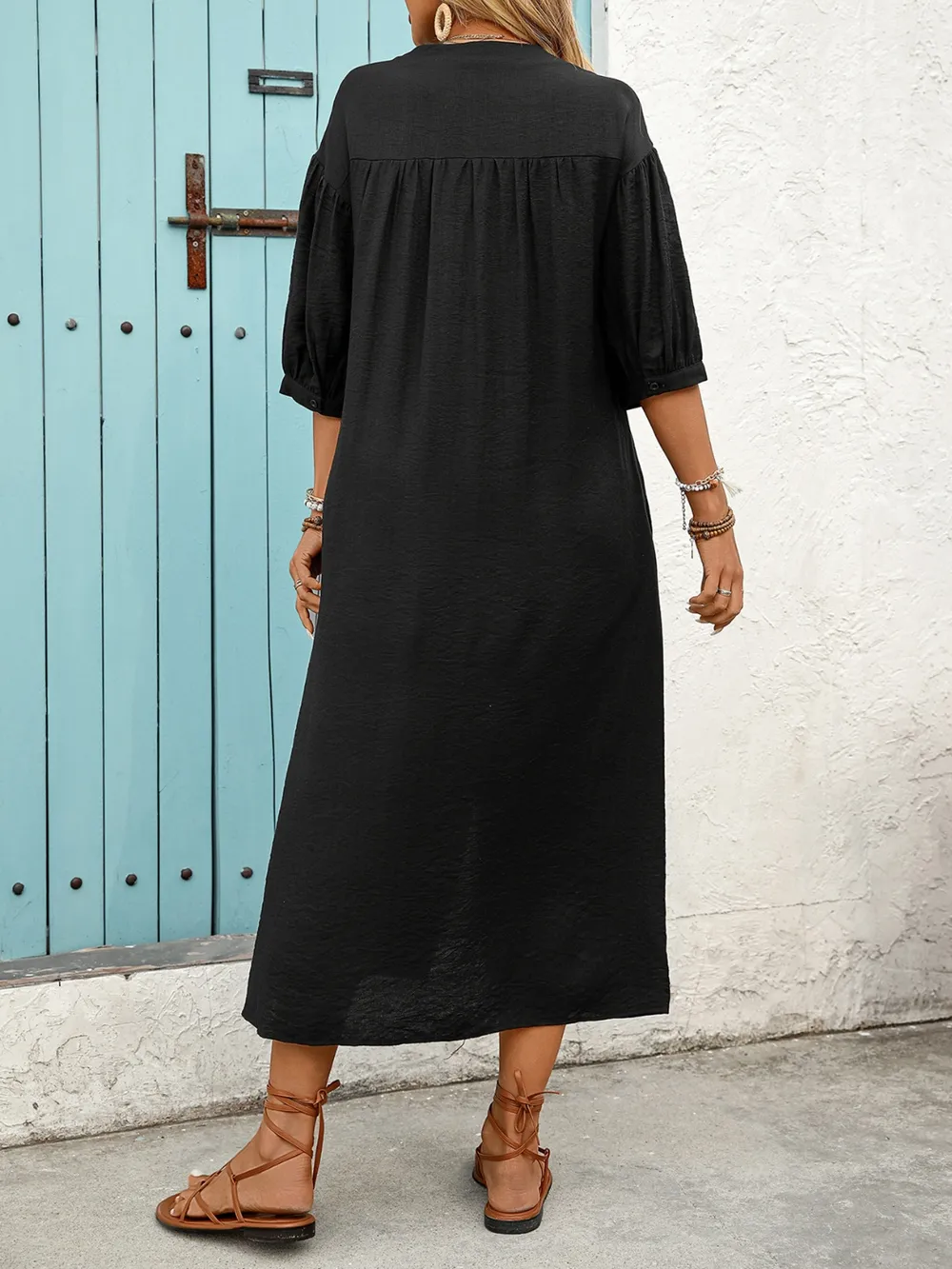 Embroidered Notched Half Sleeve Midi Dress, image 8