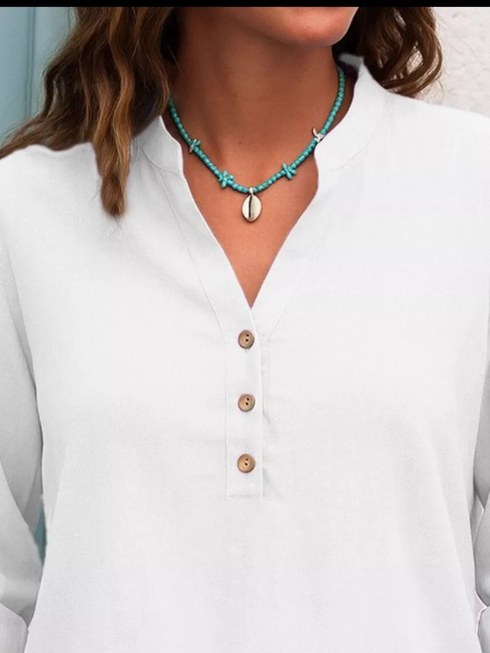 Full Size Button Detail Notched Long Sleeve Blouse Plus Size, image 11