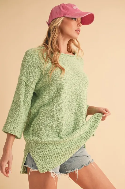 Side Slit Ribbed Hem Round Neck Sweater, image 3
