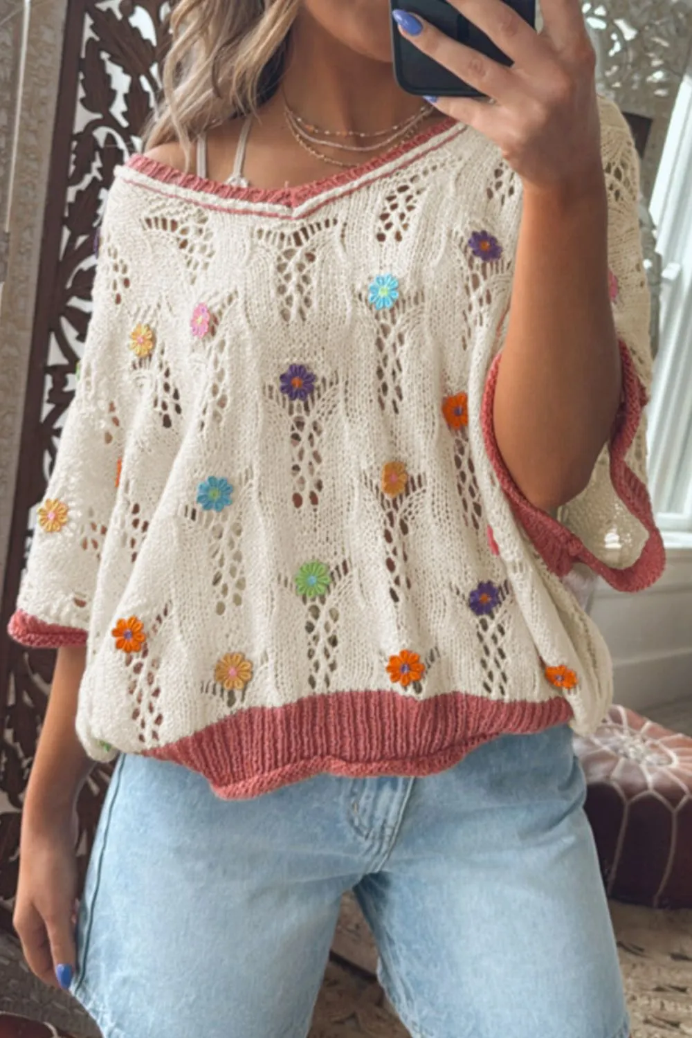 Openwork Flower Half Sleeve Knit Top, image 5