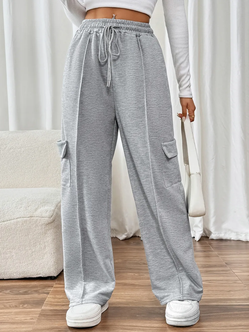 Drawstring Wide Leg Pants with Pockets, image 4