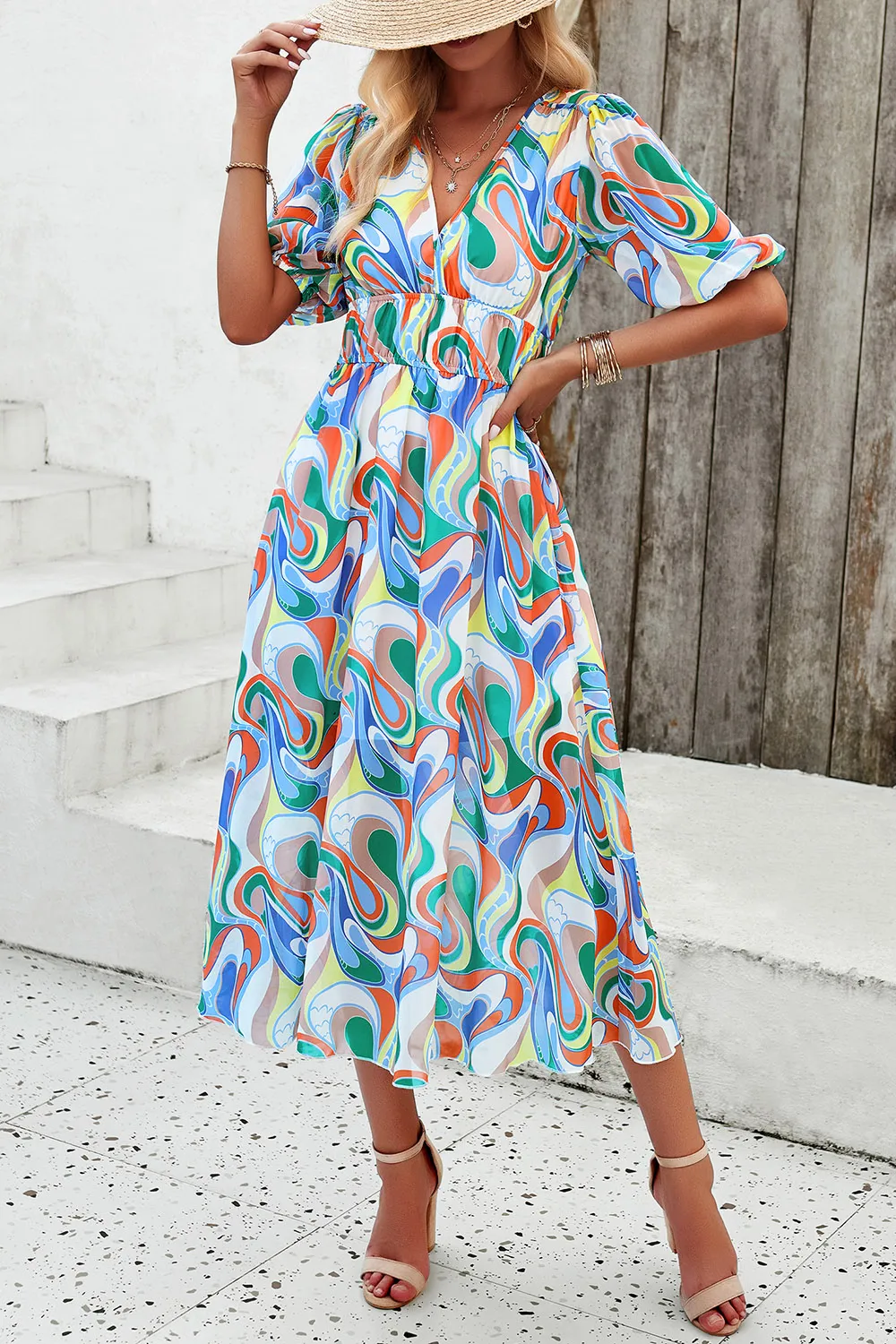 Smocked Printed V-Neck Short Sleeve Dress, image 13
