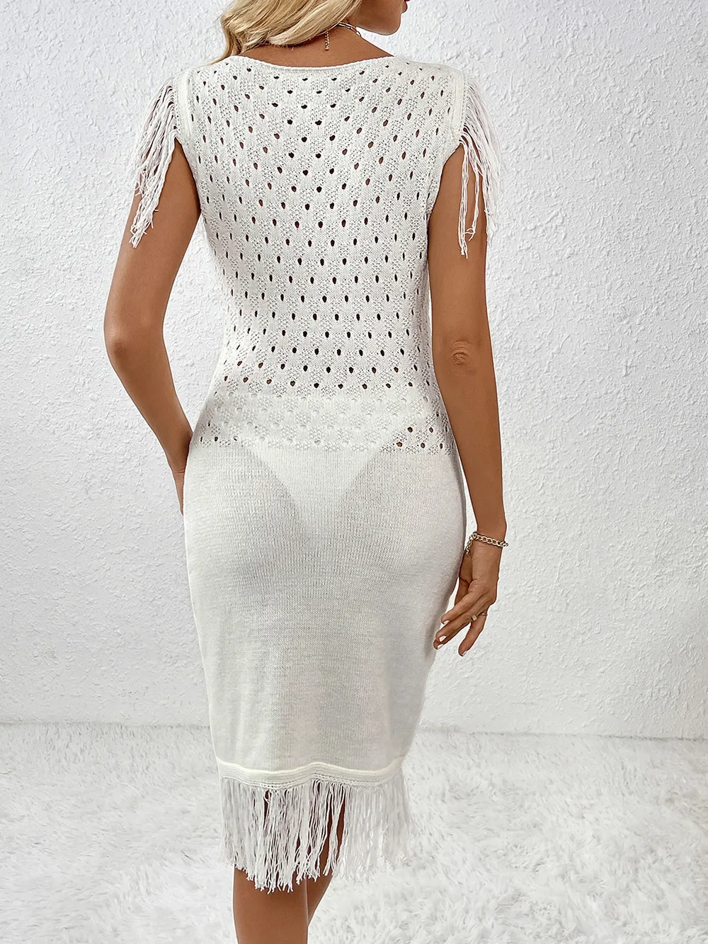 Fringe Openwork Boat Neck Knit Dress, image 16