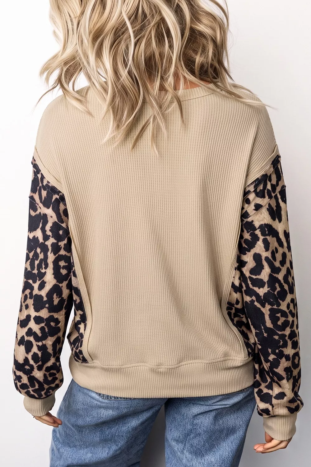 Leopard Sleeve Waffle Knit Split Hem Top, image 2