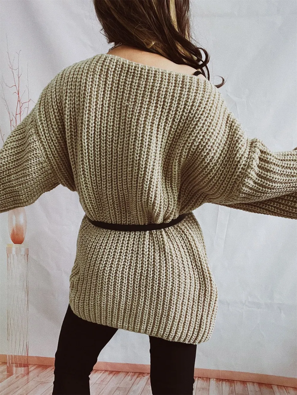 Boat Neck Long Sleeve Sweater with Belt, image 3