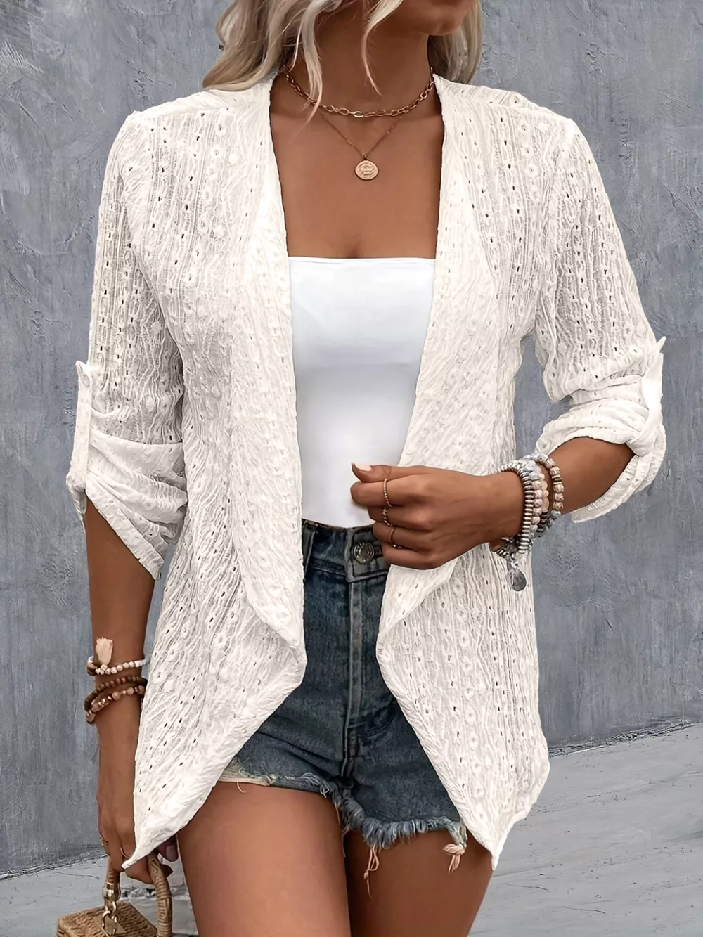 Eyelet Roll-Tab Sleeve Cardigan, image 20