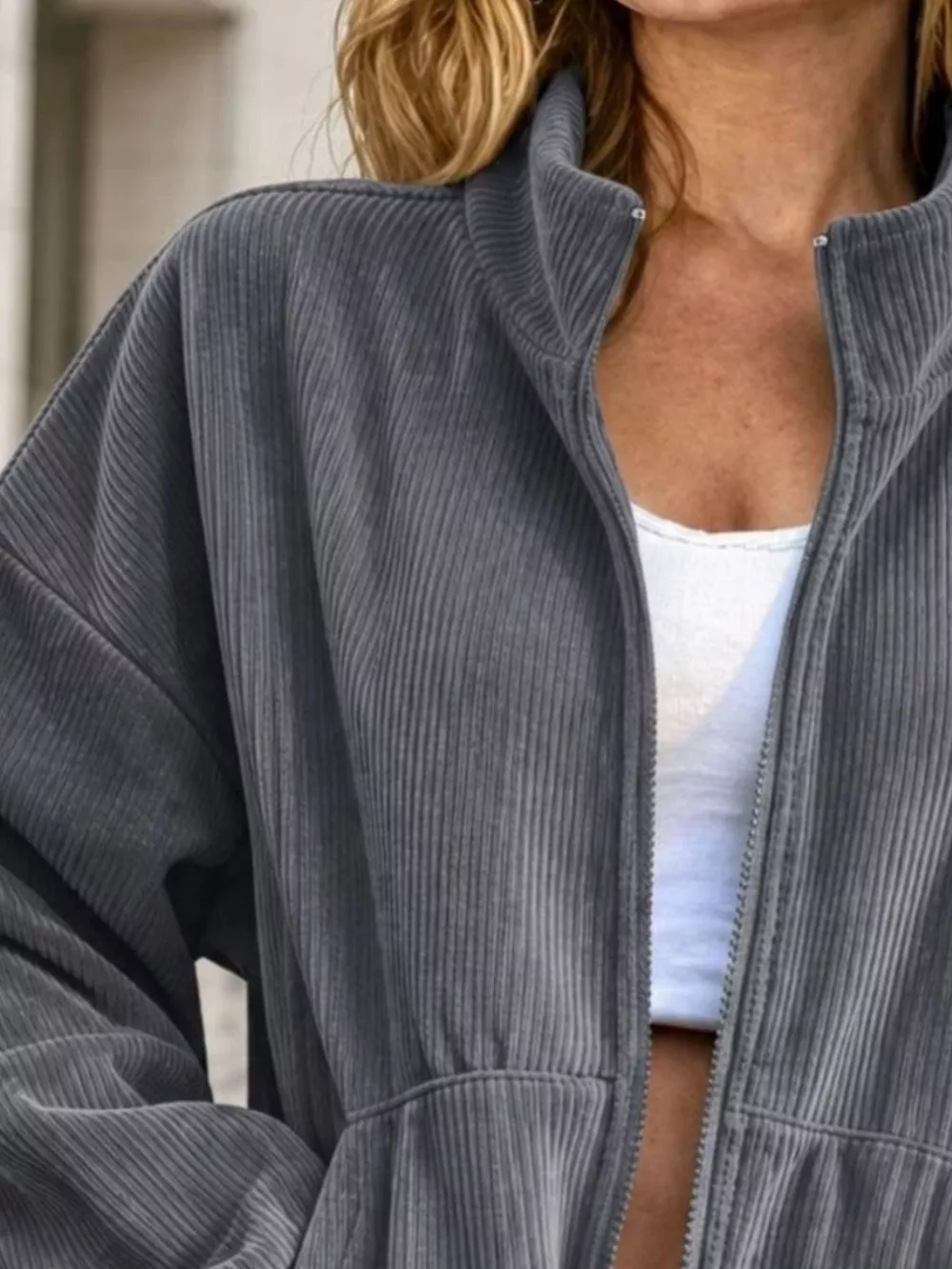 Corduroy Zip-Up Dropped Shoulder Jacket, image 8