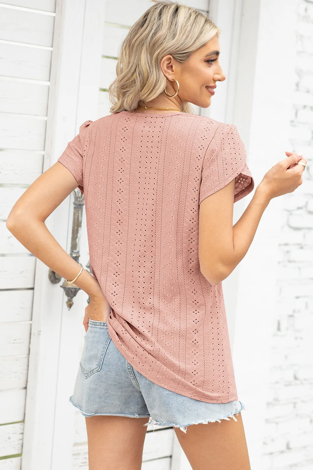 Eyelet Notched Petal Sleeve Blouse, image 12