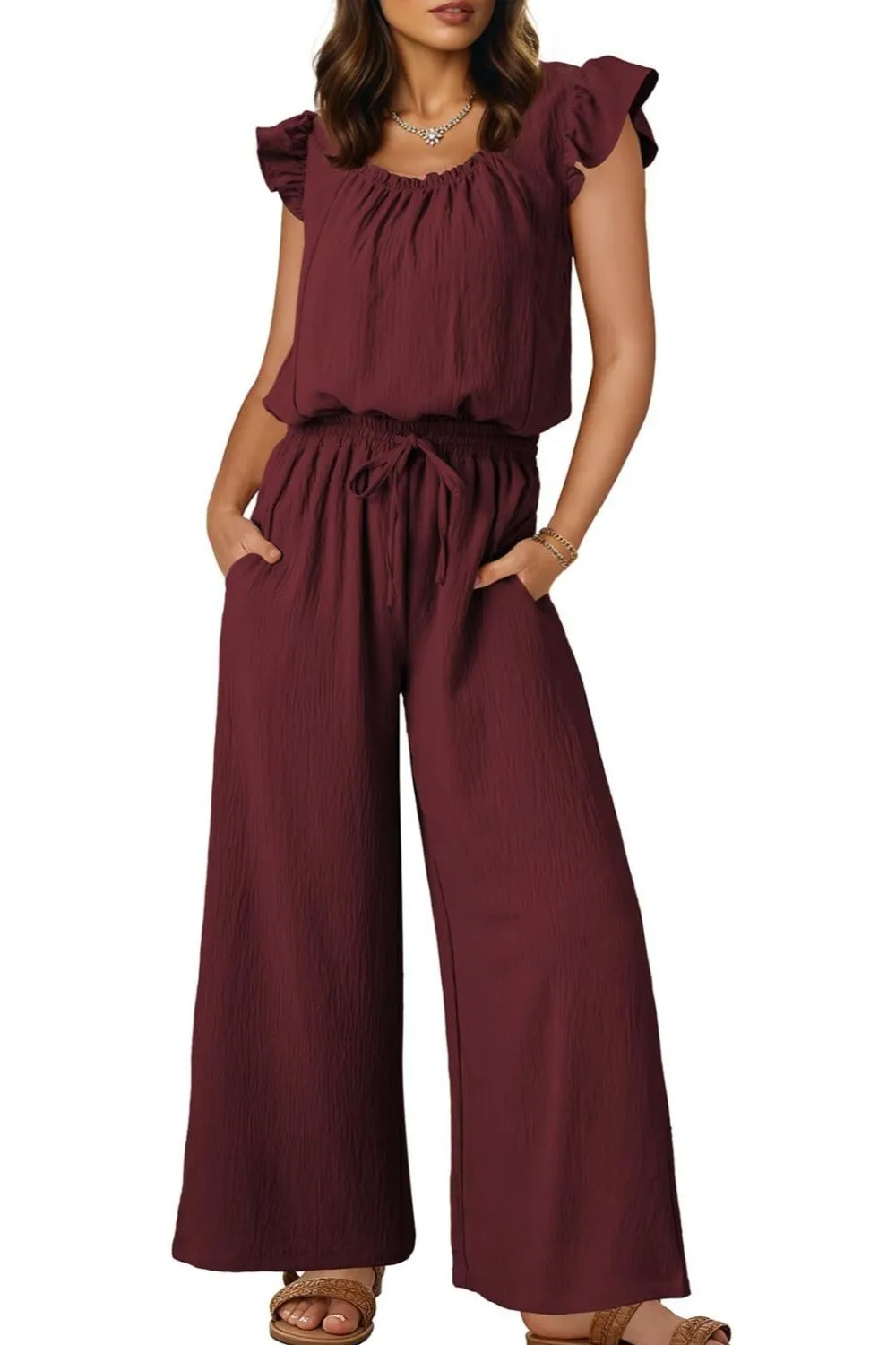Ruffled Cap Sleeve Wide Leg Jumpsuit, image 29