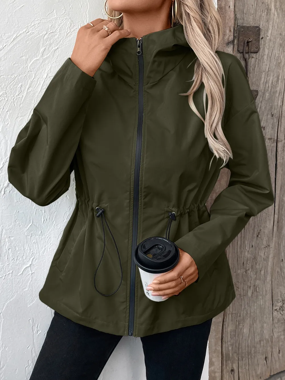 Drawstring Zip Up Hooded Jacket, image 24