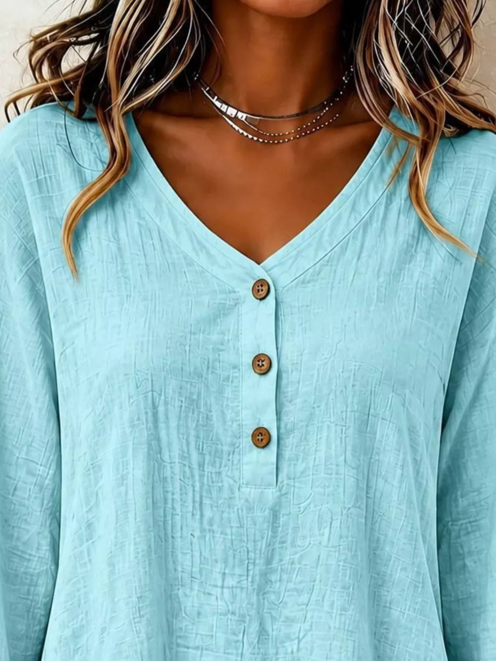 V-Neck Long Sleeve Button Detail Ruffled Hem Blouse, image 12