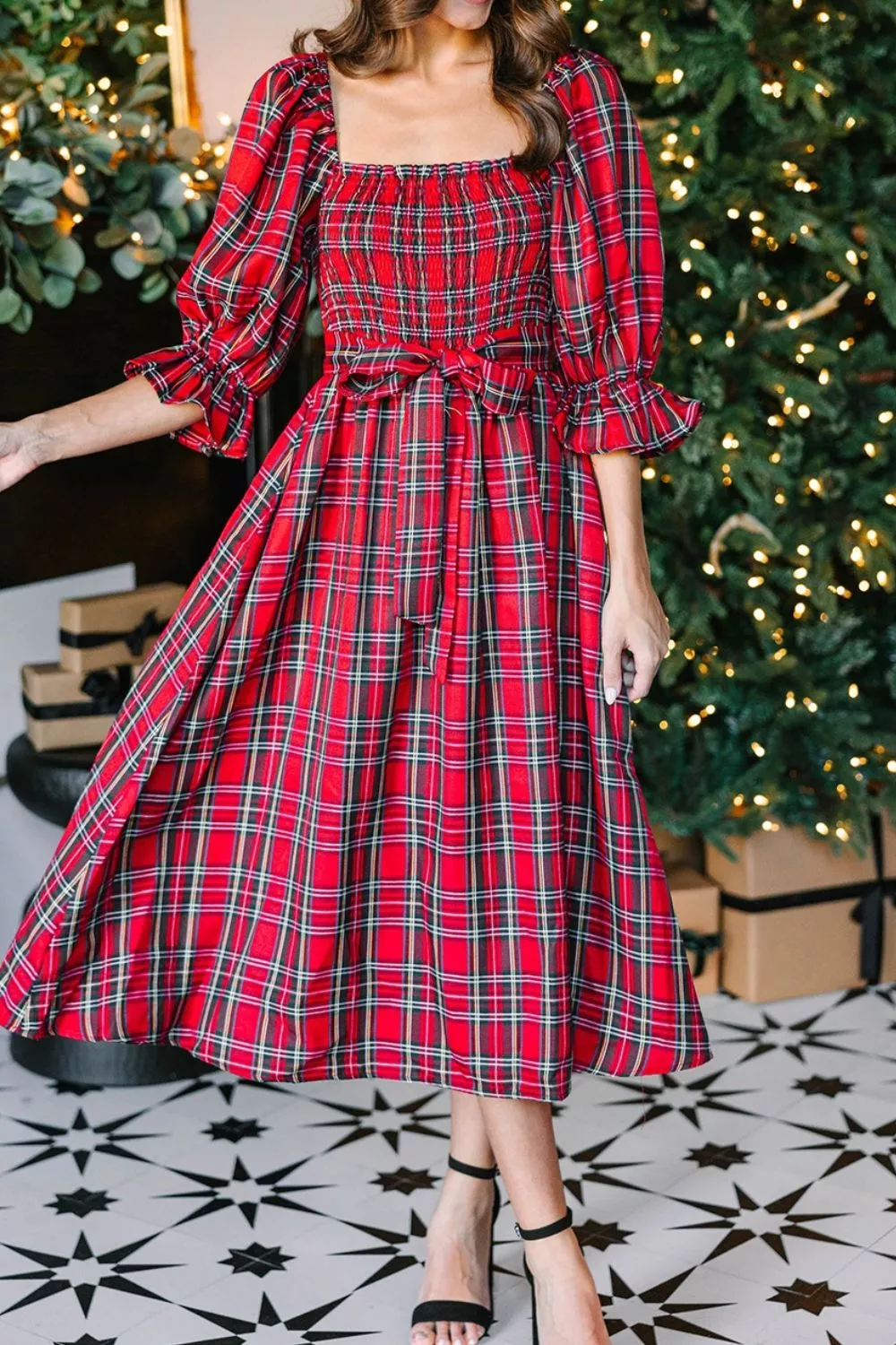 Plaid Smocked Flounce Sleeve Midi Dress, image 8