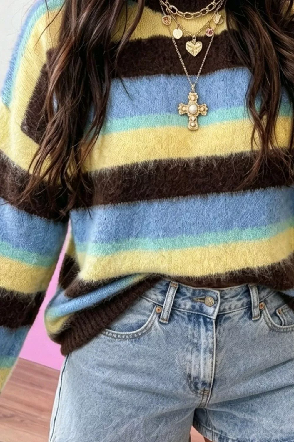 Striped Fuzzy Dropped Shoulder Sweater, image 3