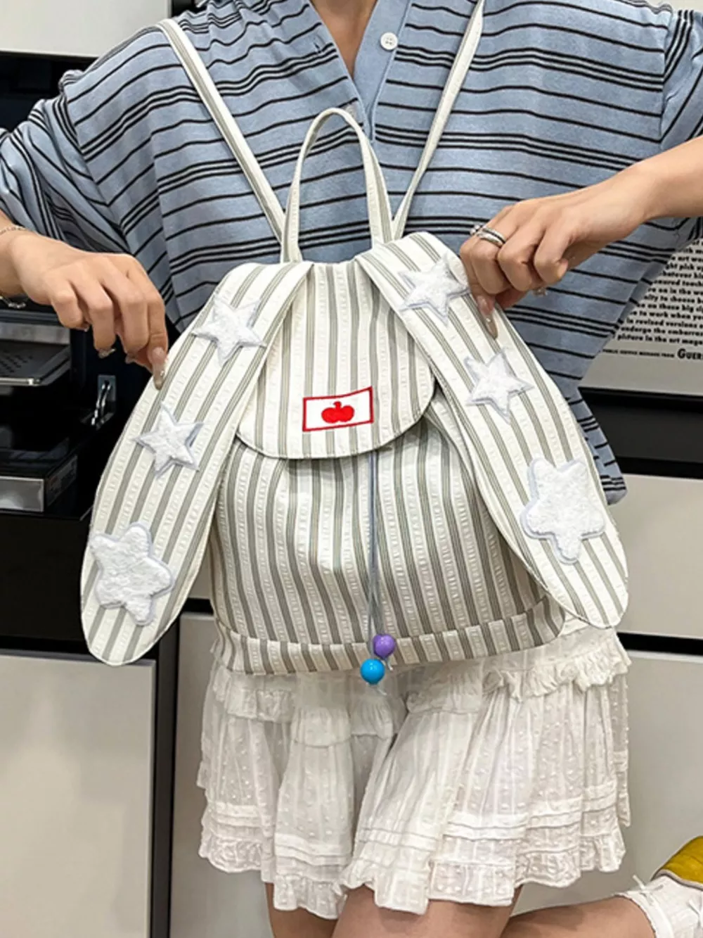 Striped Star Bunny Ear Backpack Bag, image 5