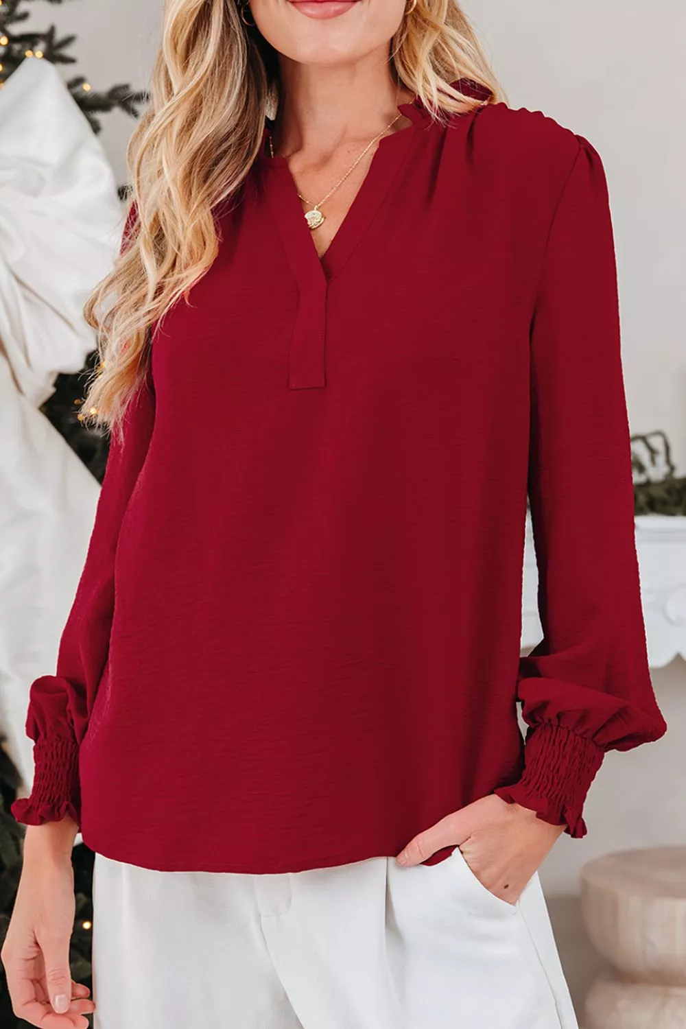 Notched Neck Shirred Cuff Long Sleeve Blouse, image 7