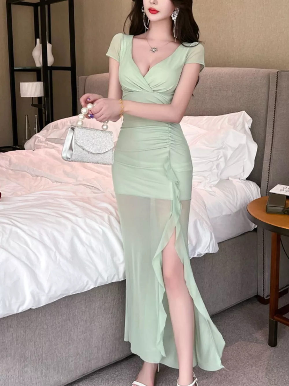 Tie-Dye Surplice Ruffle Slit Dress, image 10
