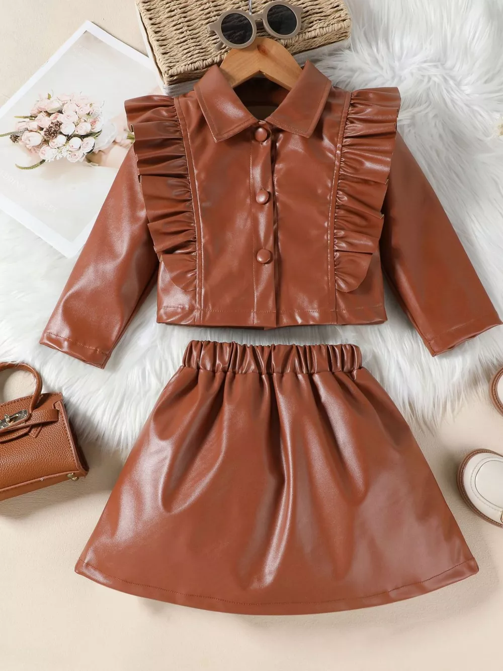 Children's Ruffled Faux Leather Top and Skirt Set, image 3