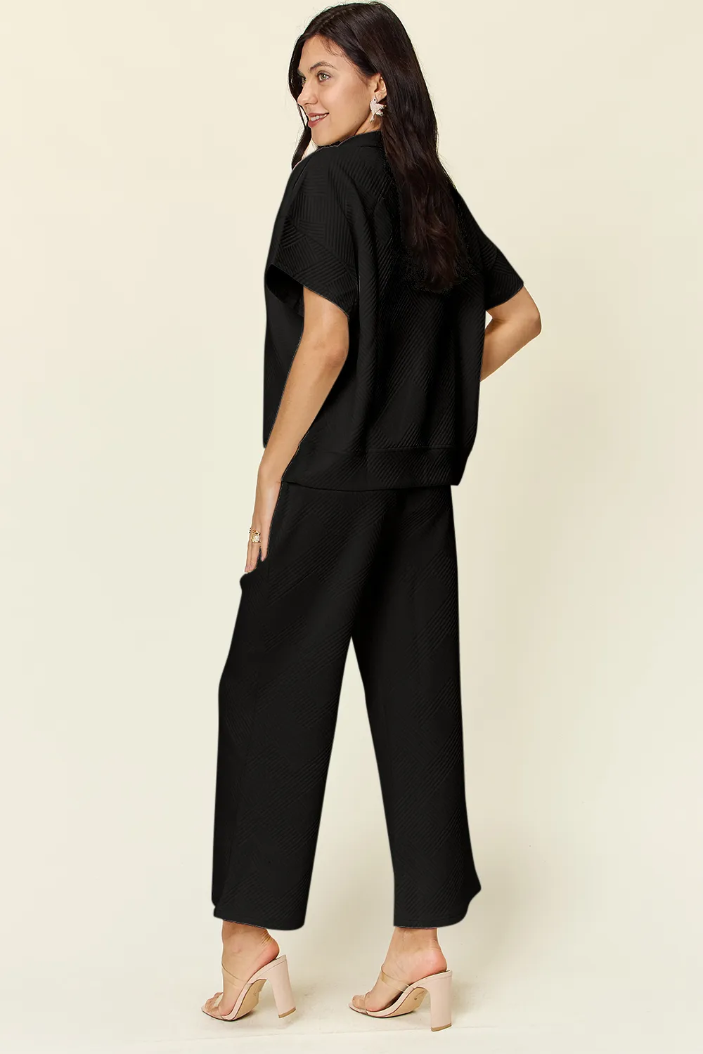 Full Size Texture Half Zip Short Sleeve Top and Pants Set, image 17