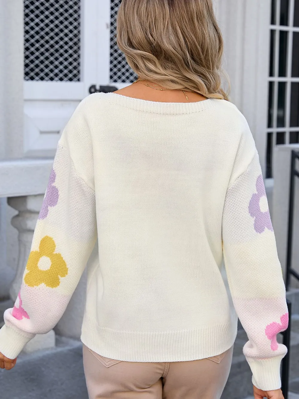 Flower Round Neck Dropped Shoulder Sweater, image 4