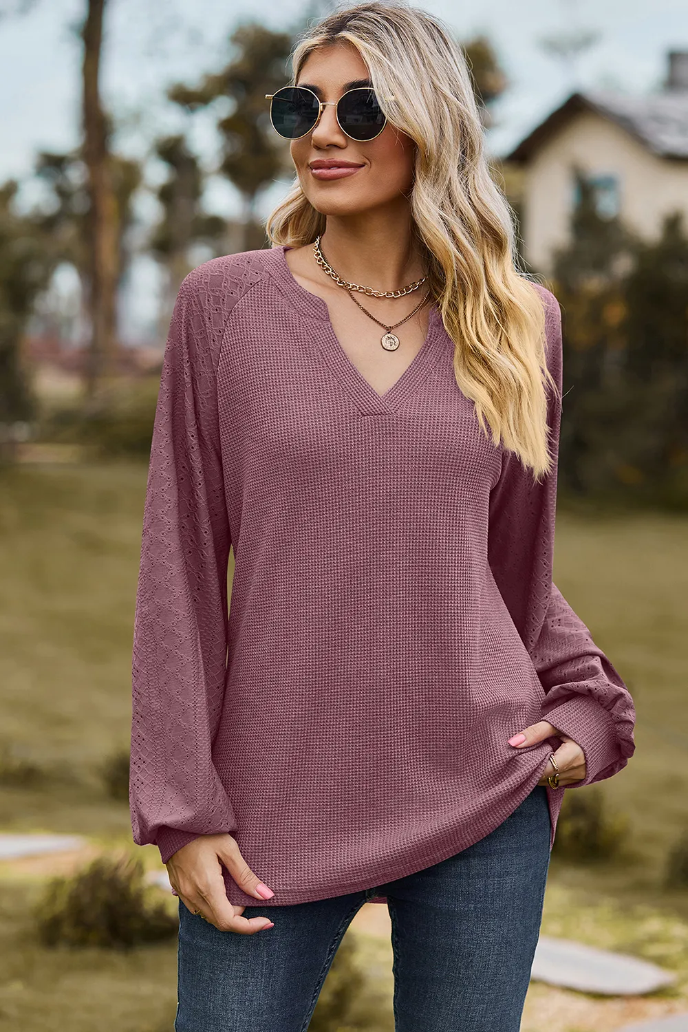 Eyelet Notched Raglan Sleeve T-Shirt, image 7