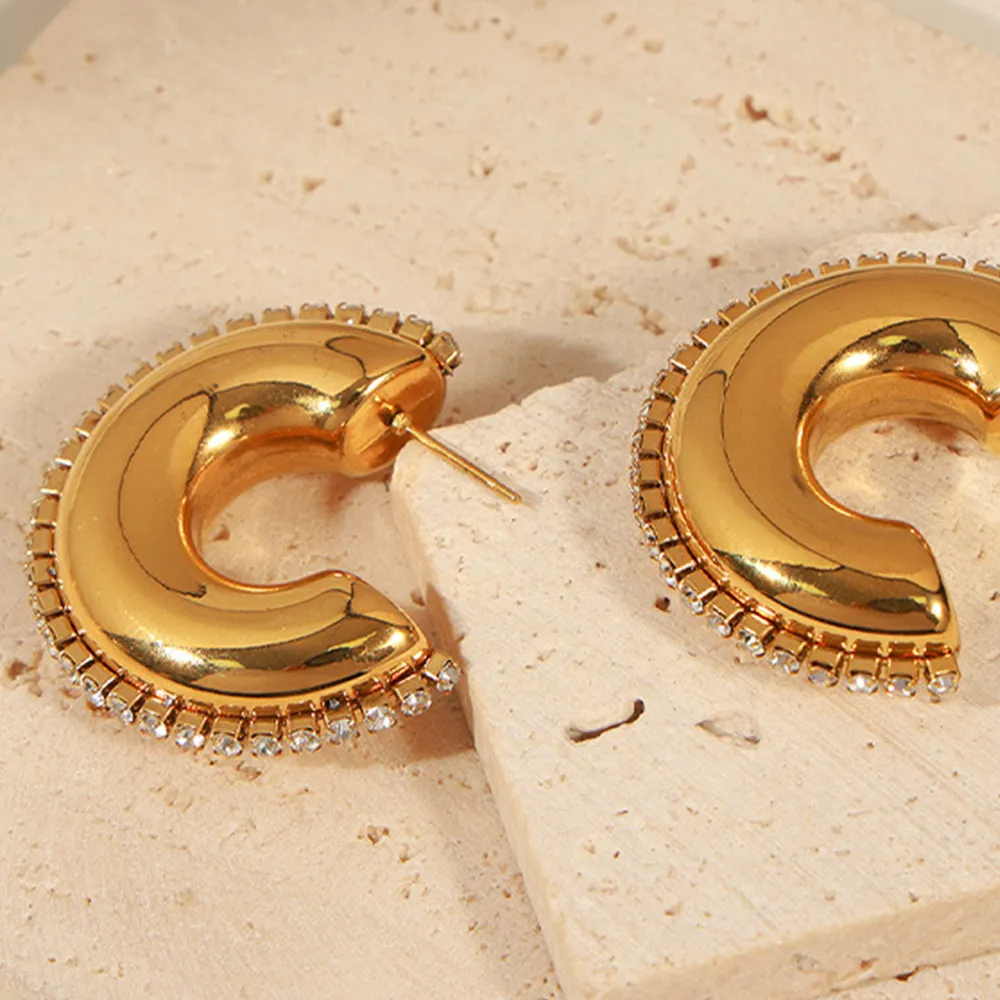 Titanium Steel Inlaid Zircon C-Hoop Earrings, image 5