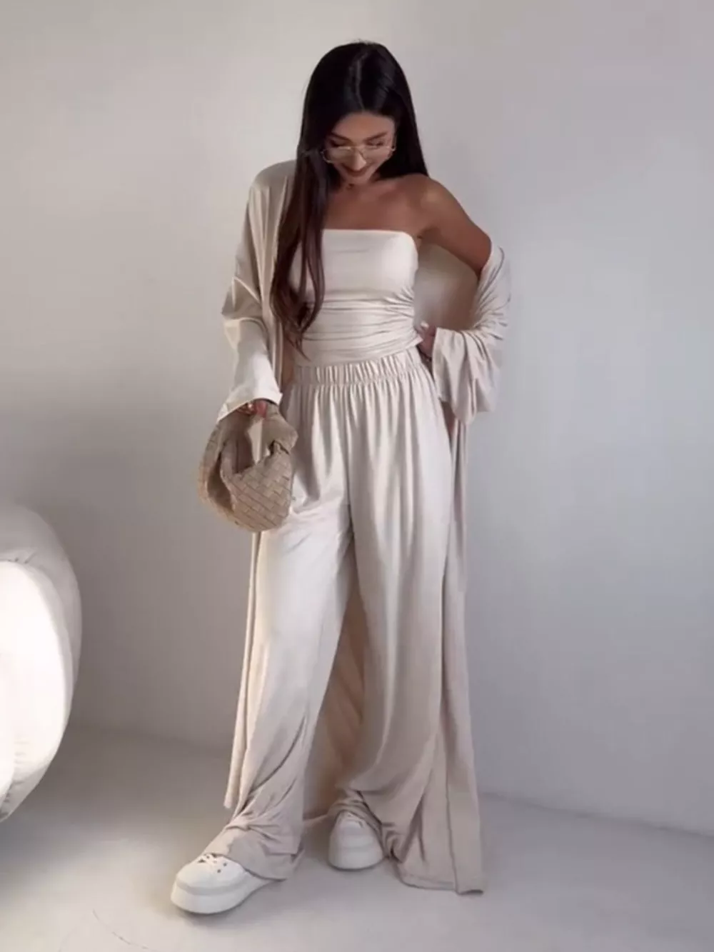 Tube Top & Cardigan & Wide Leg Pants 3-Piece Set, image 13