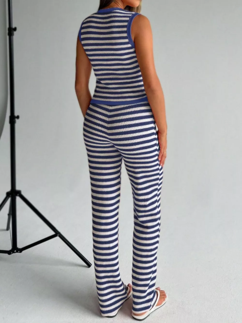 Striped Knit V-Neck Button-Up Sleeveless Top and Flare Pants Set, image 6