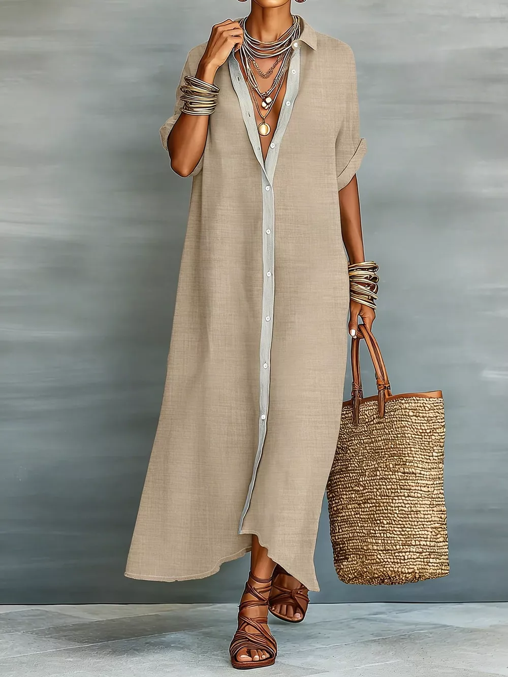 Casual Linen Shirt Dress with Button-Down Front, image 3