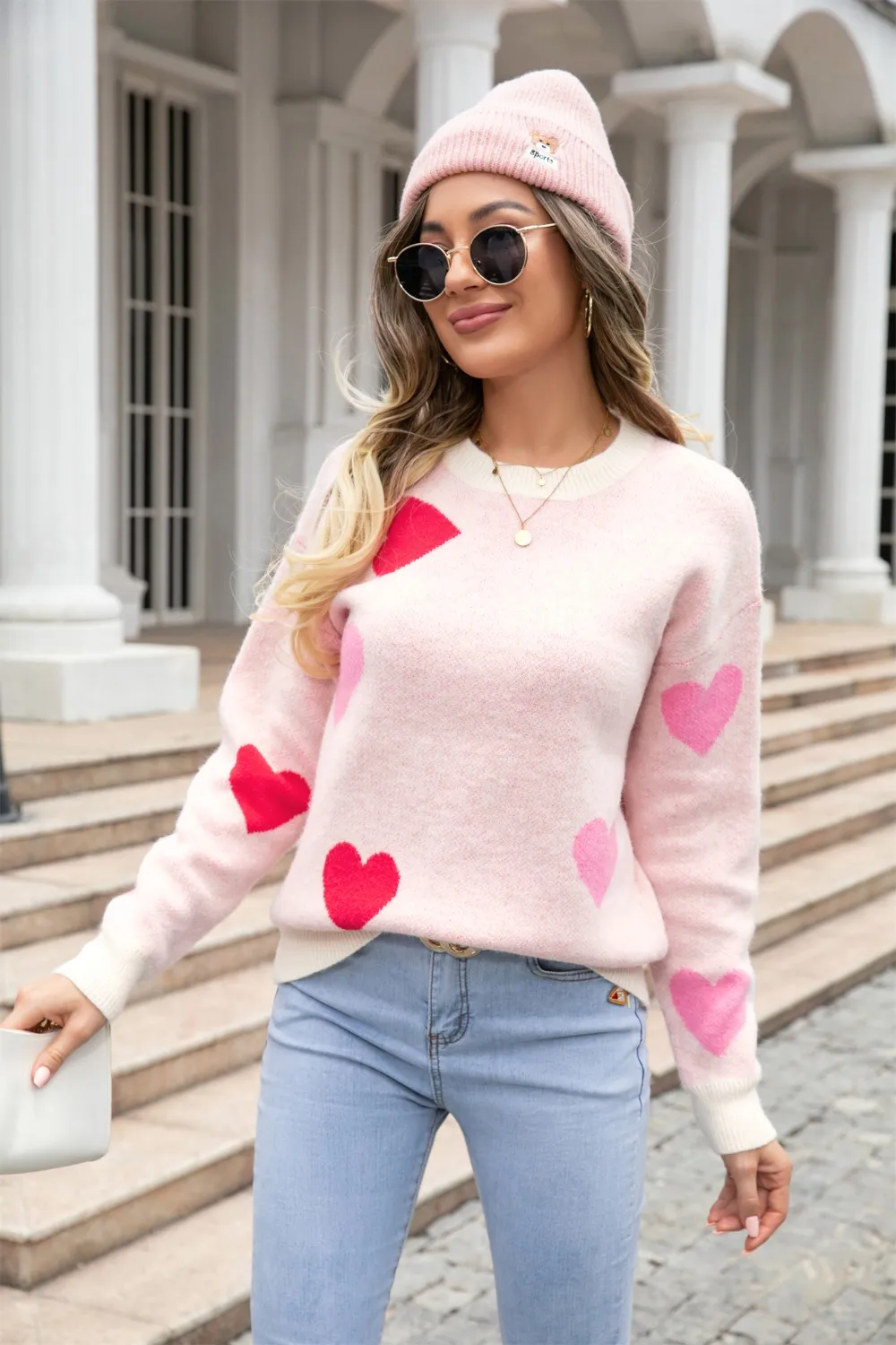 Heart Round Neck Droppped Shoulder Sweater, image 4